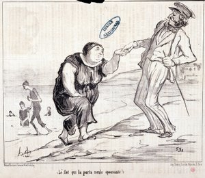 休暇中の観光客を描いた漫画。セリー「Ax Bains de Mer」。"それを運んできた洪水は恐ろしい!「Honore DAUMIER（1808-1879）の版画。新聞 "Le Charivari "からの抜粋 作： Honoré Daumier