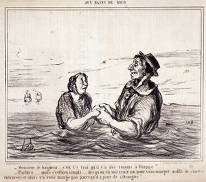 休暇中の観光客に関する漫画。セリー「aux Bains de Mer」。"Monsieur le bathneur...ディエップにサメがいるというのは本当ですか？"Honore DAUMIER（1808-1879）の版画。6月8日の新聞「Le Charivari」からの抜粋 作： Honoré Daumier