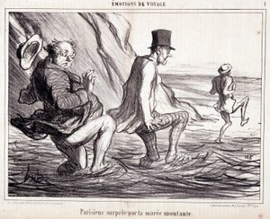 休暇中の観光客を描いた漫画。シリーズ「Ax Bains de Mer」。"旅の感動。上昇する海面に捕らわれたパリジャン」。オノレ・ドーミエ（1808-1879）による版画。10月8日の新聞「ル・シャリヴァリ」からの抜粋 作： Honoré Daumier