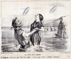休暇中の観光客を描いた漫画。シリーズ「Les Bains de Mer」。"水辺のスケッチ。ダイビングの一連の流れ」。オノレ・ドーミエ（1808-1879）によるエングレーヴィング。1853年に発行された新聞「ル・シャリヴァリ」からの抜粋。薄さ：24x28cmInv 2453 - box 12 N¡1.マルセイユ、M 作： Honoré Daumier