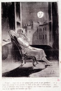 女性作家についての漫画。シリーズ「Bas Bleus」。"O！月は今夜、私を鼓舞する..."Honore DAUMIER（1808-1879）の版画。新聞「ル・シャリヴァリ」2月28日号より抜粋 作： Honoré Daumier