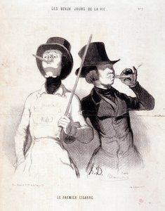 若いダンディたちを描いた漫画シリーズ "The Beautiful Days of Life"。「最初の葉巻」。Honore DAUMIER (1808-1879)によるエングレーヴィング。1843年12月31日の新聞 "Le Charivari "からの抜粋 Dim 37x25cm Inv 1089 - box 8 N¡2.マルセイユ、Musee des Beaux 作： Honoré Daumier