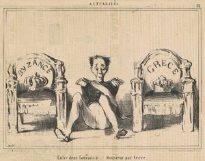 2つの肘掛け椅子の間、床の紳士 作： Honoré Daumier