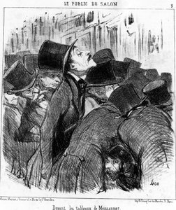 ミーソニエの絵の前で。オノレ・ドーミエ（1808-1879）の漫画「絵画とサロン」シリーズからの引用。"シャリヴァリ" 作： Honoré Daumier