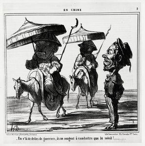 このおかしな戦士たちは、太陽と戦うことしか考えていません。オノレ・ドーミエ（1808-1879）の描いた「中国」のシリーズで、1月8日付の「シャリヴァリ」に掲載されています。 作： Honoré Daumier