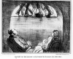オノレ・ドーミエ（1808-1879）の一連の漫画「所有者と入居者」から、地下室の入居者だけが楽しむことができる楽しい景色。「シャリヴァリ 作： Honoré Daumier
