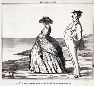 セリー「Les Bains de Mer」。"朝から晩まで海を見ているのは、思ったよりも楽しくない!「休暇中の観光客を描いた漫画。オノレ・ドーミエ（1808-1879）によるエングレーヴィング。新聞「ル・シャリヴァリ」9月9日号より抜粋 作： Honoré Daumier