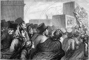 日曜日の旅人たち。オノレ・ドーミエ（1808-1879）の漫画。1862年5月3日付「Le Monde Illustré」264号に掲載された版画。 作： Honoré Daumier