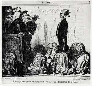 中国の皇帝に謁見するアメリカの使節。オノレ・ドーミエ（1808-1879）が描いた「En Chine」というシリーズで、10月21日付の「Charivari」に掲載されています。 作： Honoré Daumier