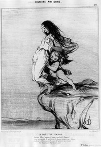 サフォー(Sappho)の死。"お嬢さん、私たちの愛を見て、あるいは導いてください。私たちの足の下はとてもかわいいので、グーがアビメを掘ってくれないと、すぐに転んでしまいます。"快楽から犯罪への道はとても短いのです。"オノレ・ドーミエ（1808-1879）の風刺画「古代史のセリー 作： Honoré Daumier