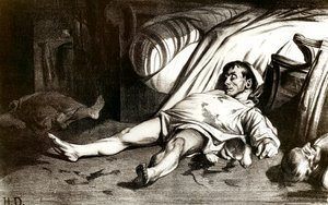 1834年4月14日のトランスノナン通りの虐殺：軍は、将校の一人の死後、パリのトランスノナン通り12番地の建物に再収容された住民を虐殺した - リトグラフ：オノレ・ドーミエ（1808-1879）1837年作。個人蔵 作： Honoré Daumier