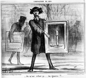 拒否されたんだ...無知な奴らが！...。オノレ・ドーミエ（1808-1879）の漫画シリーズ「絵画とサロン」から引用。"チャリバリ" 作： Honoré Daumier