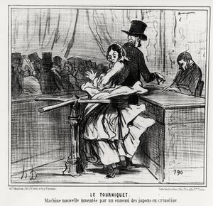 万国博覧会：改札口：クリノリン・ペチコートの敵が発明した新しい機械。1855年6月26日付のニュース「シャリヴァリ」に掲載されたオノレ・ドーミエ（1808-1879）のイラスト。 作： Honoré Daumier