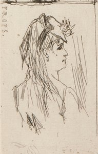 a. ドーミエ作の老人の頭部（左上）。 b. Taiee の Chez Charles Beriot (上中央)。 c. Ropsによる若い女性の頭（右上）。 d. Harpignies による川の風景 (中央下)。 e. 若い女性のプロフィール 作： Honoré Daumier