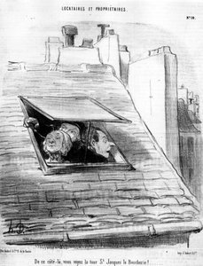 こちら側からは、サン・ジャック・タワーやブシュリーが見えます。オノレ・ドーミエ(1808-1879)の漫画「所有者と賃借人」シリーズより。"Charivari" 作： Honoré Daumier