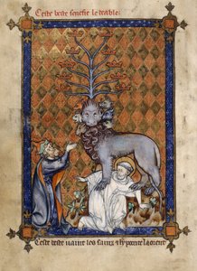 追加。 54180、f.14v 黙示録の獣、聖人を踏みにじり、ひざまずく偽善者に愛され、フレール ローラン作「La Somme le Roy」のイラスト（ベラムにインク、カラー、ゴールド） 作： Honoré Maître