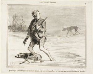 「なぜこの獣はいつも私の後をついてくるのだろう...。私は喜んで6スーを払ってバスに飛び乗るだろう" Émotions De Chasseよりプレート1 作： Honoré Victorin Daumier