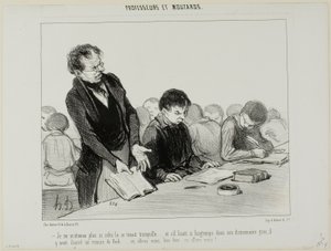 「ギリシャ語の辞書を静かに読む代わりに、デ・コックの小説にふけっていた......。なんてことだ......この結末はいったい......！」（『Professeurs Et Moutards』より）。 作： Honoré Victorin Daumier