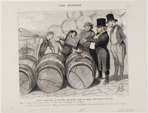 パリのすべての酒飲みのためにカトリック洗礼協会が設立される。(第1条）ルーアンからベルシーまで、セーヌ川はヨルダン川に変わる。「偉大なる協会メランジュ、マセール、カンパニーの名において。パリのグラン・クリュ、"オールド・マコン "に洗礼を授ける。 作： Honoré Victorin Daumier