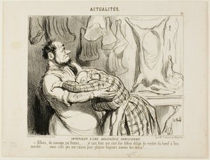 パリの肉屋の店内。"さあ、あなた......。でも、子牛のように泣く理由にはならないよ！」『Actualités』75版より 作： Honoré Victorin Daumier