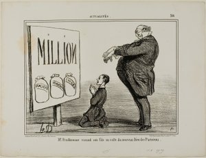 息子をパリジャンの新しい神に捧げるプリュドム氏（『Actualités』366ページより 作： Honoré Victorin Daumier