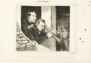 「背の高い人はコルセットを開け、小さな人はノミを探している。 作： Honoré Victorin Daumier