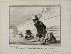 パリ市民はすでに彗星に焼かれないように予防措置をとっている。 作： Honoré Victorin Daumier