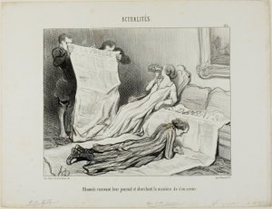 購読者は紙面に対処するのに苦労している（115版『Actualités』より 作： Honoré Victorin Daumier