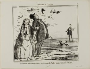 デビスムの新爆発弾で若いインコを撃つことの不利、Émotions De Chasseより17枚目 作： Honoré Victorin Daumier