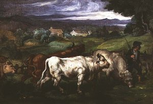 風景の中の牛とドルーバー 作： Honore (circle of) Daumier