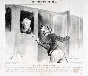 オノレ・ドーミエ（1808-1879）の作品。Charivariは1843年の作品。Serie LES RAILWAYS 旅先での居眠りの危険性「-お客様、目を覚まして車から降りてください。- どこを走っているんだ？- でも、ルーアンのパーブル!- ルーアンで、ポワスに行きたかっただけの私が