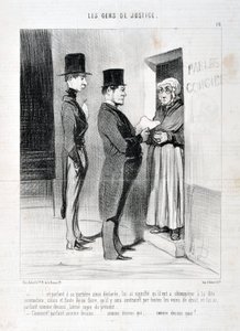 オノレ・ドーミエ（1808-1879）の作品。Charivariは1845年の作品。Serie LES PEANS DE JUSTICE 「...そして、彼の戸口でそう宣言して話すことは、彼にとって、前記の要約に従わなければならず、そうしなければ、彼は強制されることを意味している。 作： Honoré Daumier