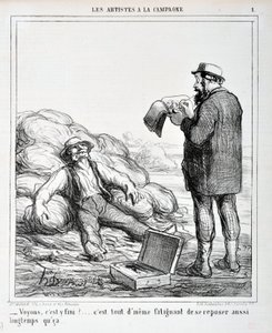 オノレ・ドーミエ（1808-1879）の作品。Charivariは1865年の作品。Serie LES ARTISTS IN THE CAMPAGNE 「-えーと、終わったかな？このまま休んでいても疲れるだけだ..."マルセイユ、ロンシャン宮殿の美術館 作： Honoré Daumier