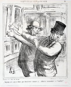 オノレ・ドーミエ（1808-1879）の作品。Charivari」は1865年の作品。サロンで撮影されたセリエのスケッチ」-こんなブルジョワはやめよう...せめてこのクールベだけは賞賛しよう!「マルセイユ、ロンシャン宮殿、美術館 作： Honoré Daumier