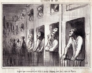 科学に関する漫画。セリーシュール「la Comete de 1857」。"すでに毎晩パリの街を持つようになったアスペクト」。Honore DAUMIER（1808-1879）の版画。新聞 "Le Charivari "からの抜粋。ディム38x25cm。Inv D - box 7 Marseille, 作： Honoré Daumier