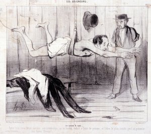 休暇中の観光客を描いた漫画。シリーズ「Les Baigneurs」。"La lecon a dry".シリーズ "Les Baigneurs":"La lecon a dry".Honore DAUMIER（1808-1879）による版画。新聞 "Le Charivari "からの抜粋。ディム25x36cm ボックス12 マルセイユ、ミュゼ 作： Honoré Daumier