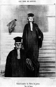 オノレ・ドーミエ（1808-1879）が描いた正義をテーマにした漫画「Gens de Justice」から引用された正義の宮殿の大階段、顔の眺め。"シャリヴァリ" 作： Honoré Daumier