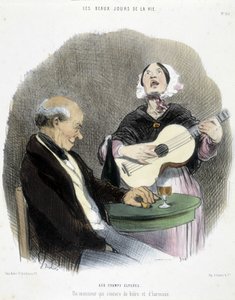 歌手と一緒に酒を飲む男-オノレ・ドーミエの「人生の最良の日」の中で 作： Honoré Daumier