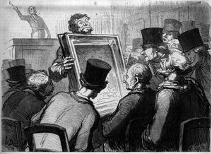 ホテル・ブイヨンの絵画愛好家たち。オノレ・ドーミエ（1808-1879）の漫画。1月25日付 "Le Monde Illustré" n°250に掲載されたエングレーヴィング。