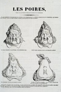 洋梨。ルイ・フィリップの顔が梨で変容する様子を表現した風刺画。シャルル・フィリポン（1806-1862）の「風刺画」の原画をもとにオノレ・ドーミエ（1808-1879）が描いたもので、1832年1月、パリ、カルナヴァレ美術館蔵 作： Honoré Daumier