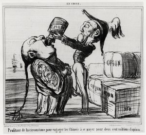 第二次アヘン戦争（1856～1860年）。1858年、中国政府はアヘンの取引を合法化することに合意した。「この状況を利用して、中国人に2億個のアヘンの代金を支払うように働きかけている」、『シリーズ・アン・シーヌ』、オノレ・ドーミエのイラスト（1