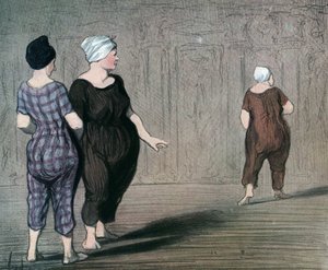 シリーズ「"Les batheuses"」 水着を着た 2 人の女性が別の女性のカットを調べる、オノレ ドーミエ (1808-1879) による風刺画 1844 年 (水浴者: 水着を着た 2 人の女性が別の女性のウエストを上下に見ます) 私的 コレクション 作： Honoré Daumier