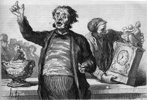 競売人のホテル：パブリック・クリエ。オノレ・ドーミエ（1808-1879）の漫画。1月2日付「Le Monde Illustré」第551号に掲載された版画 作： Honoré Daumier