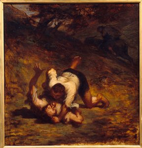 泥棒とロバ。ジャン・ド・ラ・フォナティーヌによる寓話の挿絵。オノレ・ドーミエ（1808～1879）の絵 作： Honoré Daumier