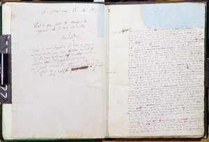 Le Pere Goriot」の最初のページとマダム・ハンスカへの献辞（紙にペンとインク） 作： Honore de Balzac