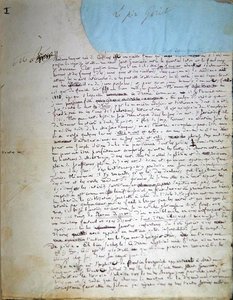 Le Pere Goriot」の原稿の1ページ目（紙にペンとインク 作： Honore de Balzac