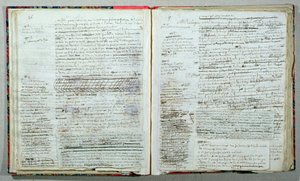 1825年に匿名で出版された「Wann-Chlore」の原稿の26ページと27ページ（紙にペンとインク）。 作： Honore de Balzac
