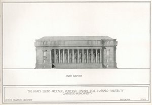 マサチューセッツ州ケンブリッジ、ハーバード大学ハリー・エルキンス・ワイドナー記念図書館の正面図（リトグラフ 作： ホレス・トランバウアー