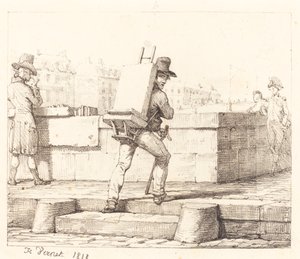 石版画の石でイーゼルを運ぶアーティスト 作： Emile Jean Horace Vernet