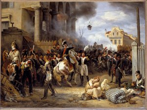 フランスのキャンペーン。「La barriere de Clichy, defense of Paris on 30/03/1814" 中央にはモンシー将軍が描かれている。エミール・ホレス・ヴェルネ（1789-1863）による絵画 1820年 日の丸0.97 x 1.30 m 作： Emile Jean Horace Vernet
